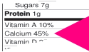 detail of Nutrition Facts, red arrow points to Calcium 45%